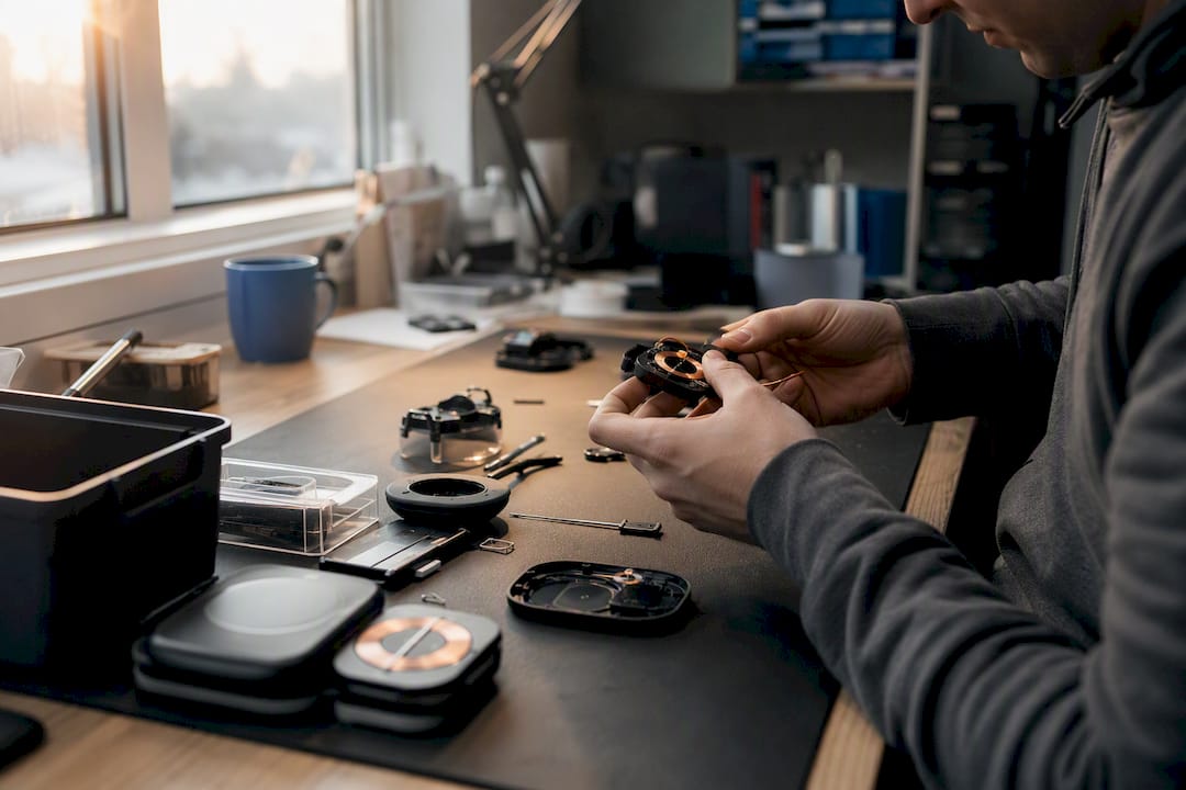 Hands assembling wireless charger parts