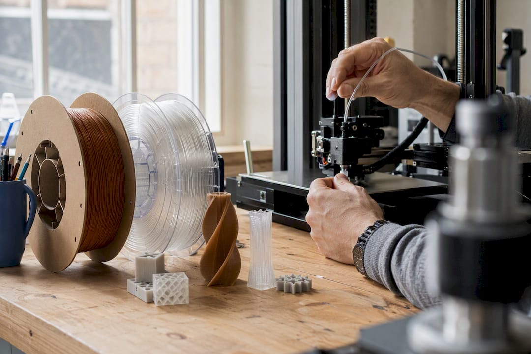 Hands feeding PLA and PETG filament into 3D printer