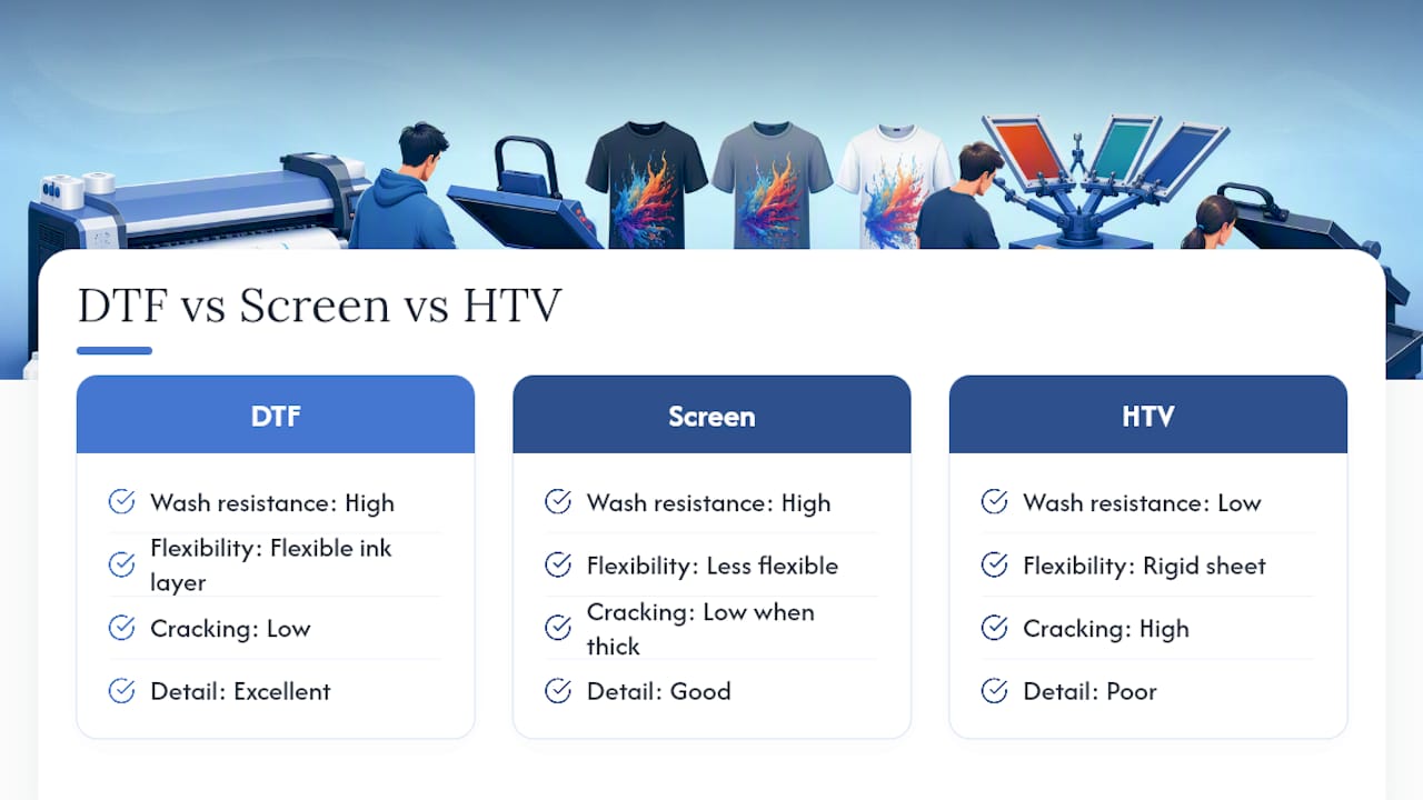 Durability comparison of DTF, screen printing, and HTV