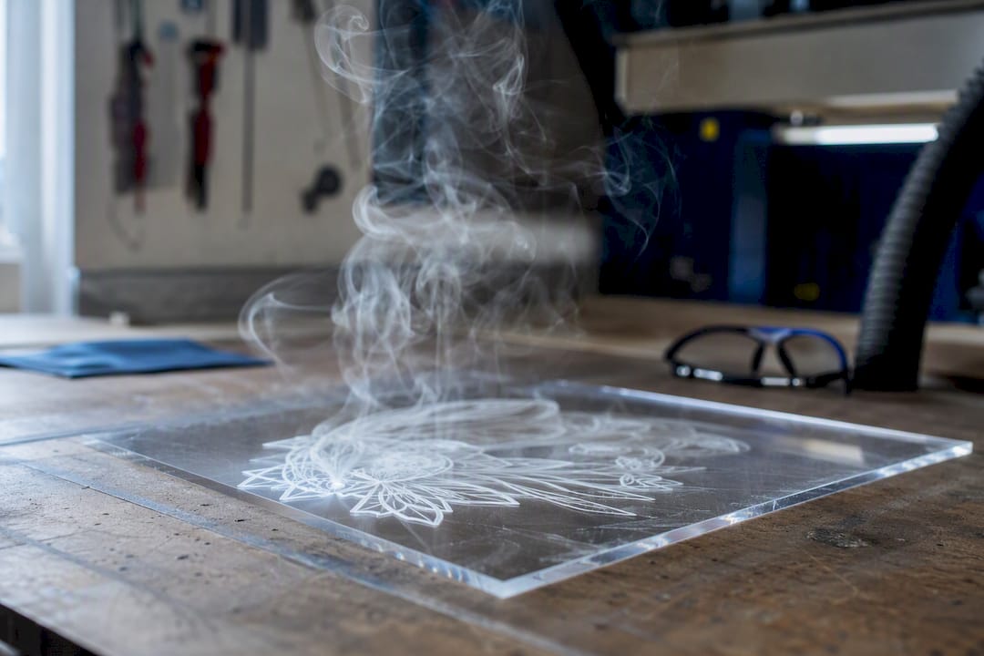 Smoke from laser engraving on plastic