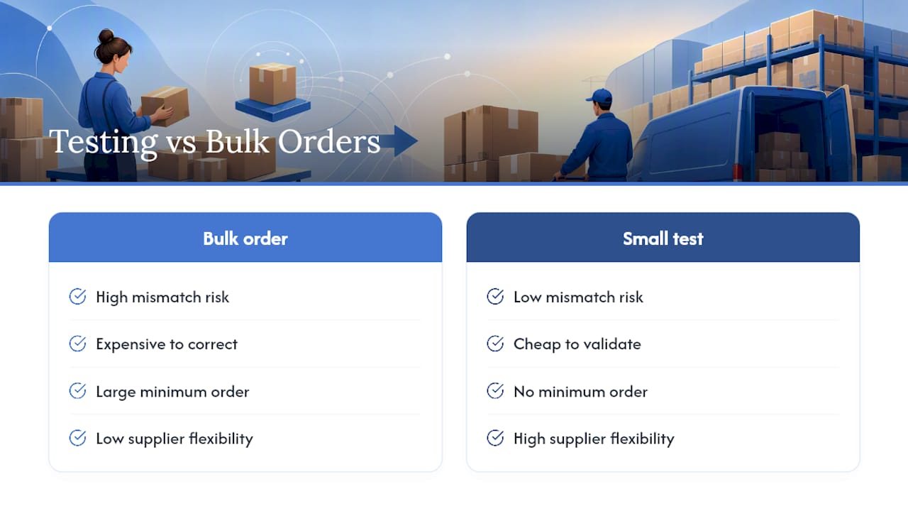 Why testing small batches beats buying in bulk — overview diagram