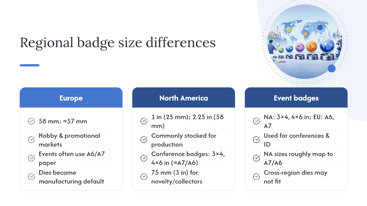 Badge sizing standards vary more than you'd expect worldwide — overview diagram