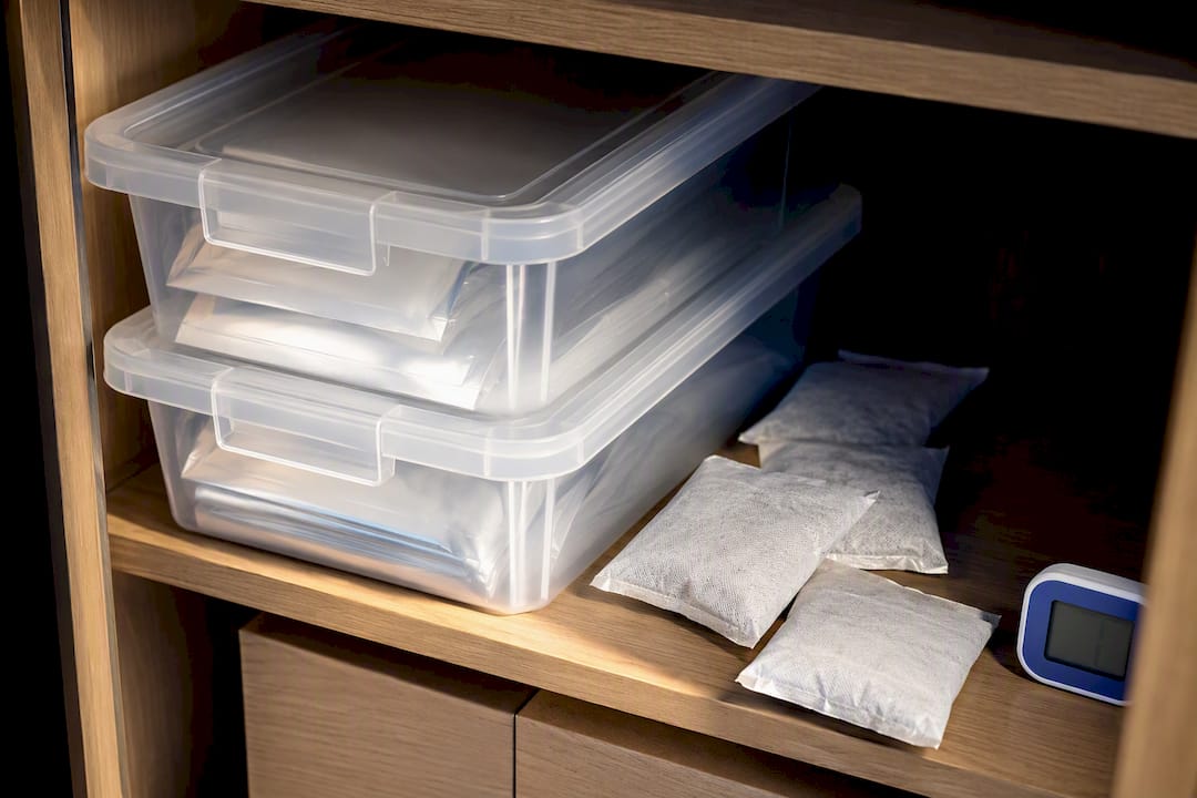 Sealed bins and silica packs for DTF film storage