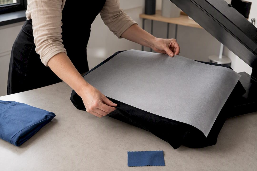 Hands aligning protective sheet on heat press