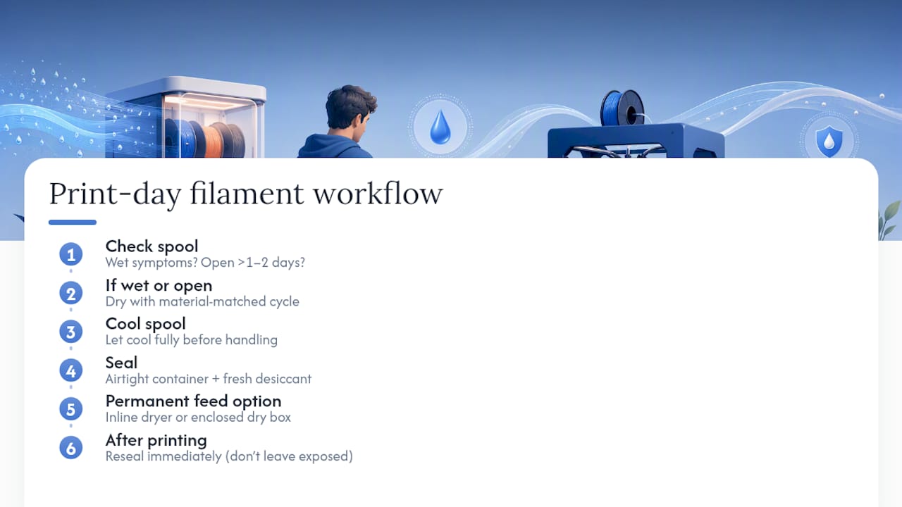 Filament drying and sealing workflow