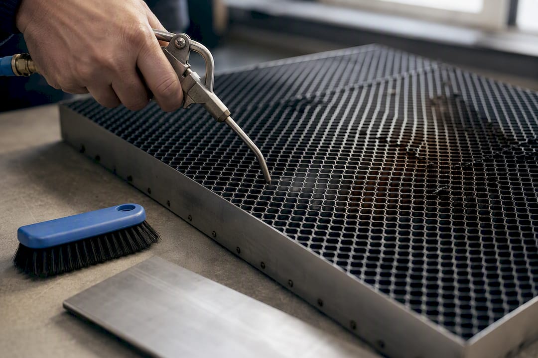 Compressed air cleaning laser honeycomb cells