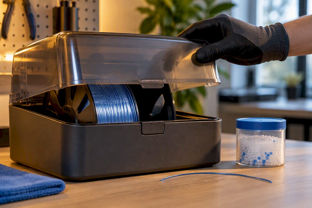 Silk PLA spool inside drying box