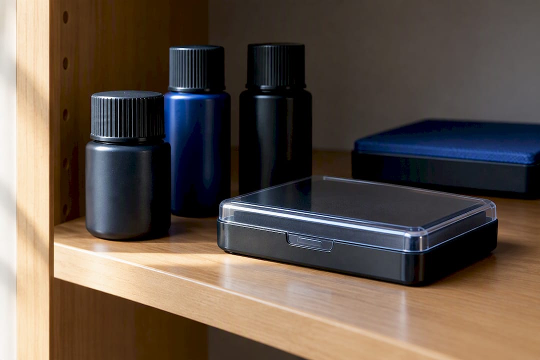 Capped ink containers stored upright in a cool cupboard