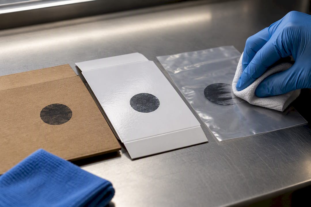 Hand rubbing stamped packaging samples to test adhesion