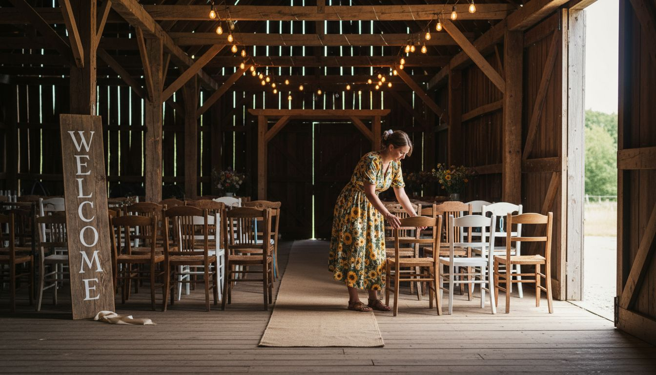 Barn interior with wedding ceremony setup
