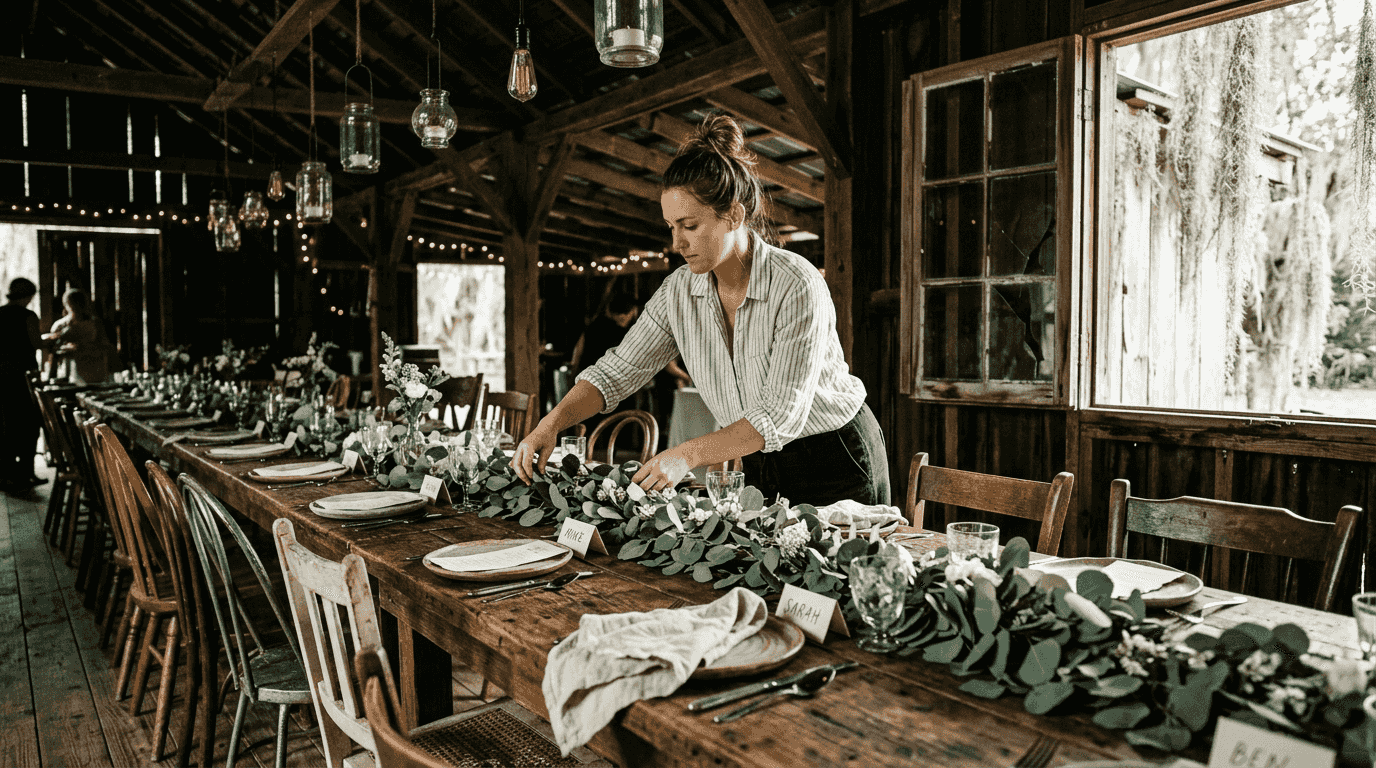 Decorator arranging rustic barn wedding decor