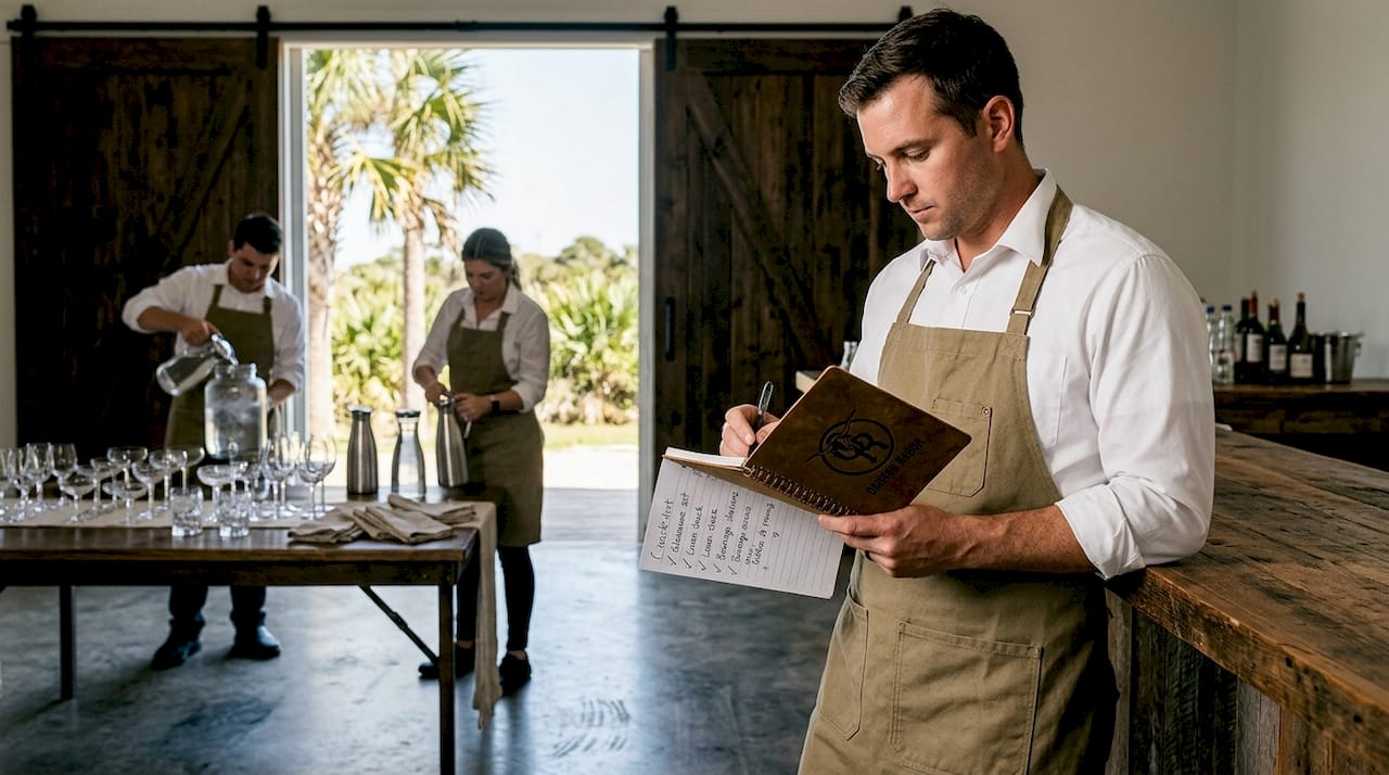 Catering team prepares rustic sustainable wedding barn