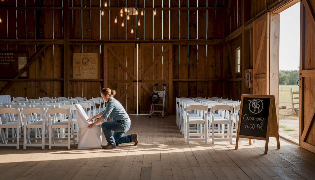 Coordinator preparing elegant barn ceremony space