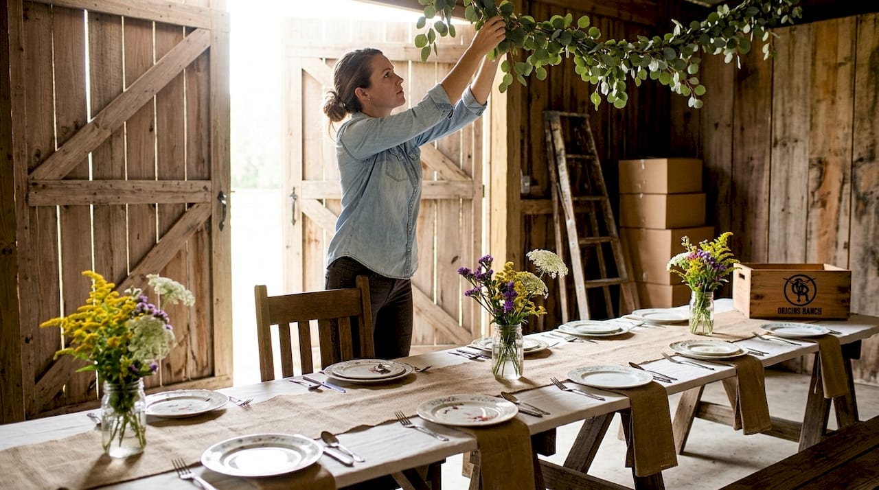 Person hanging garlands in decorated barn