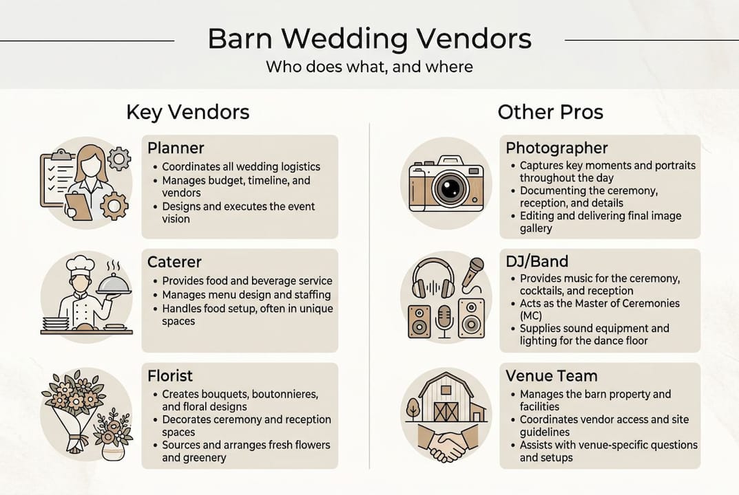Infographic showing barn wedding vendor roles