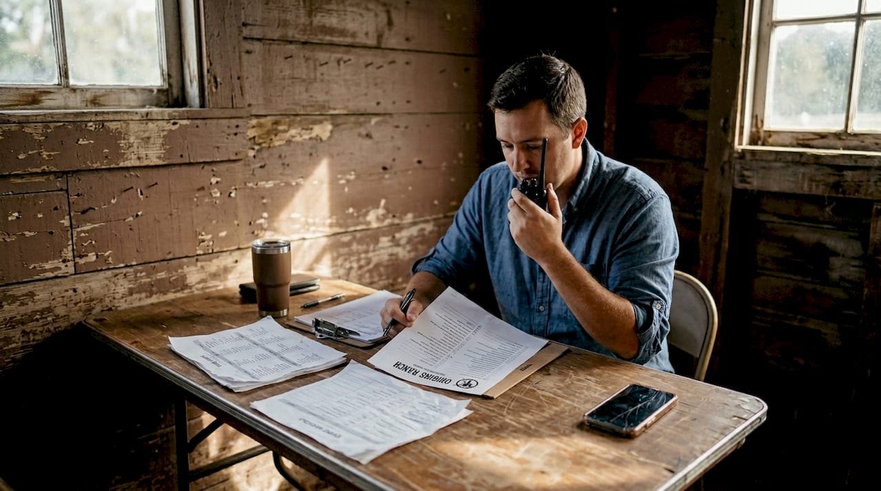 Coordinator checking vendor list at barn wedding