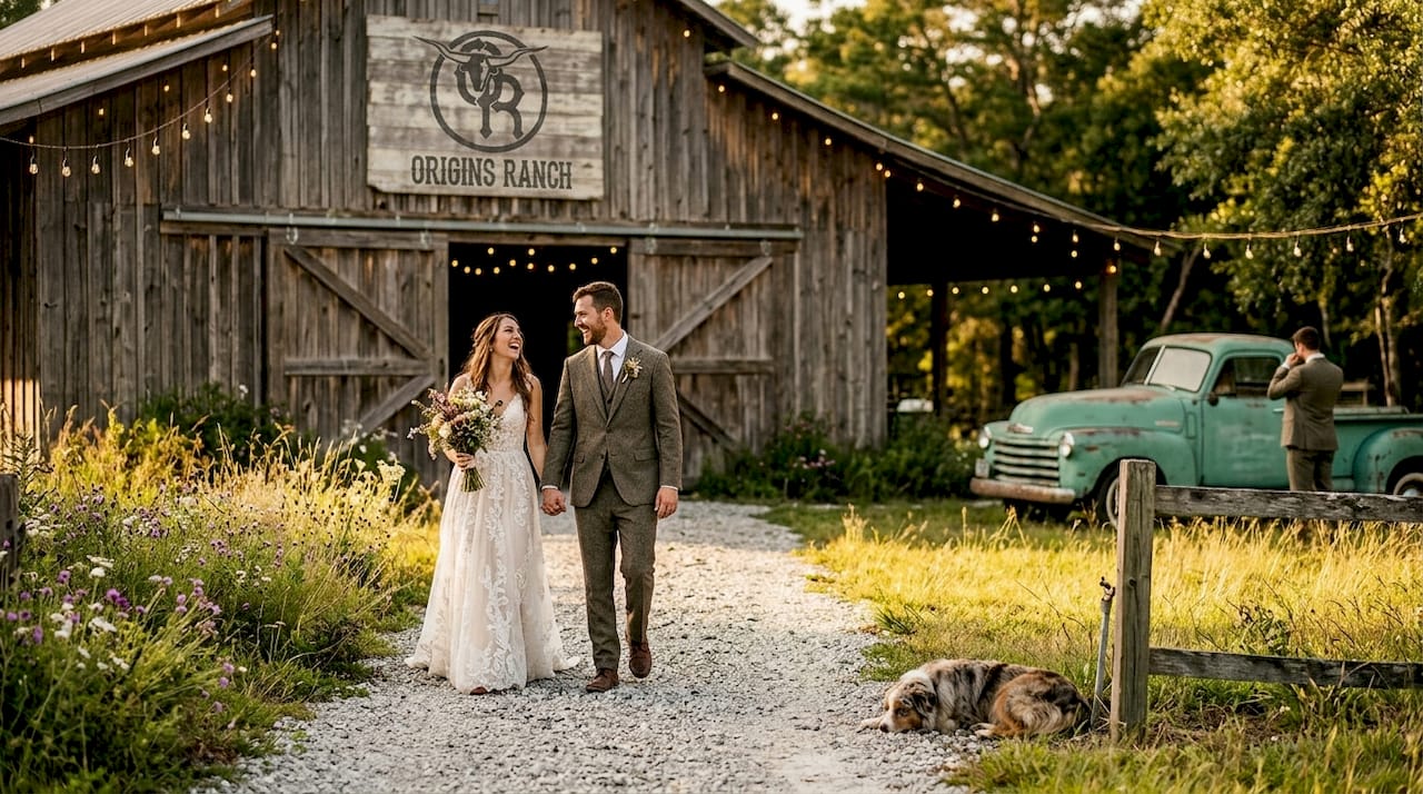 Bride and groom outside rustic Florida barn