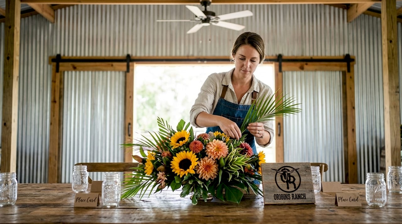 Florist arranging sunflower barn centerpiece