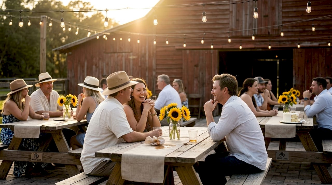 Guests chatting at rustic farm venue