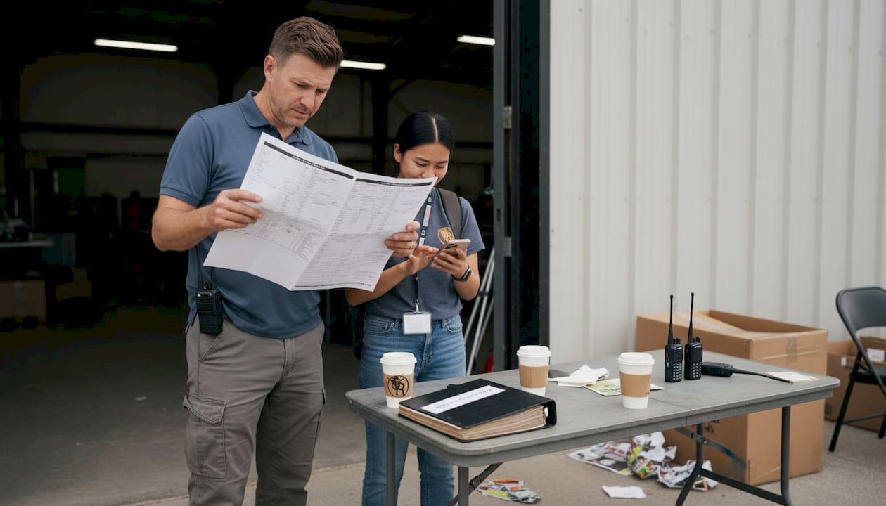 Staff discussing timeline near event exit