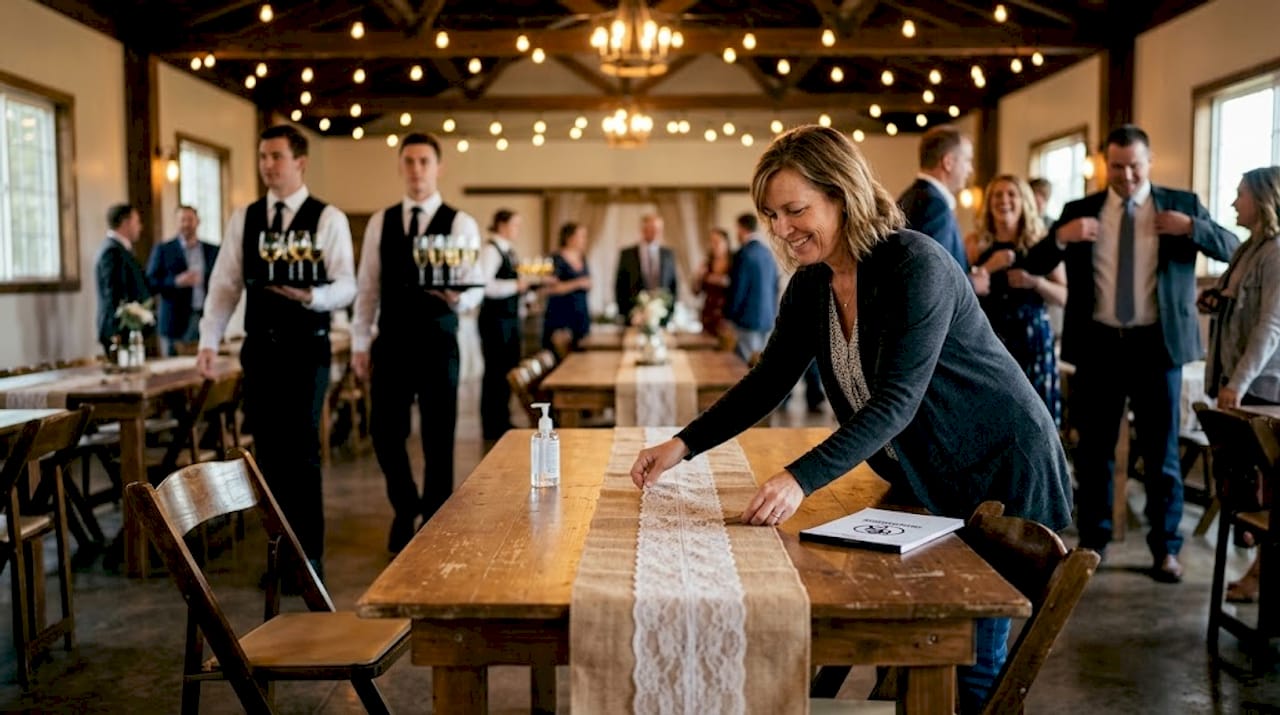 Coordinator adjusting reception table before dinner