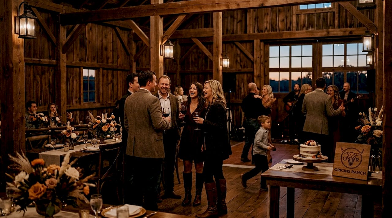 Guests mingling and moving at lively barn reception