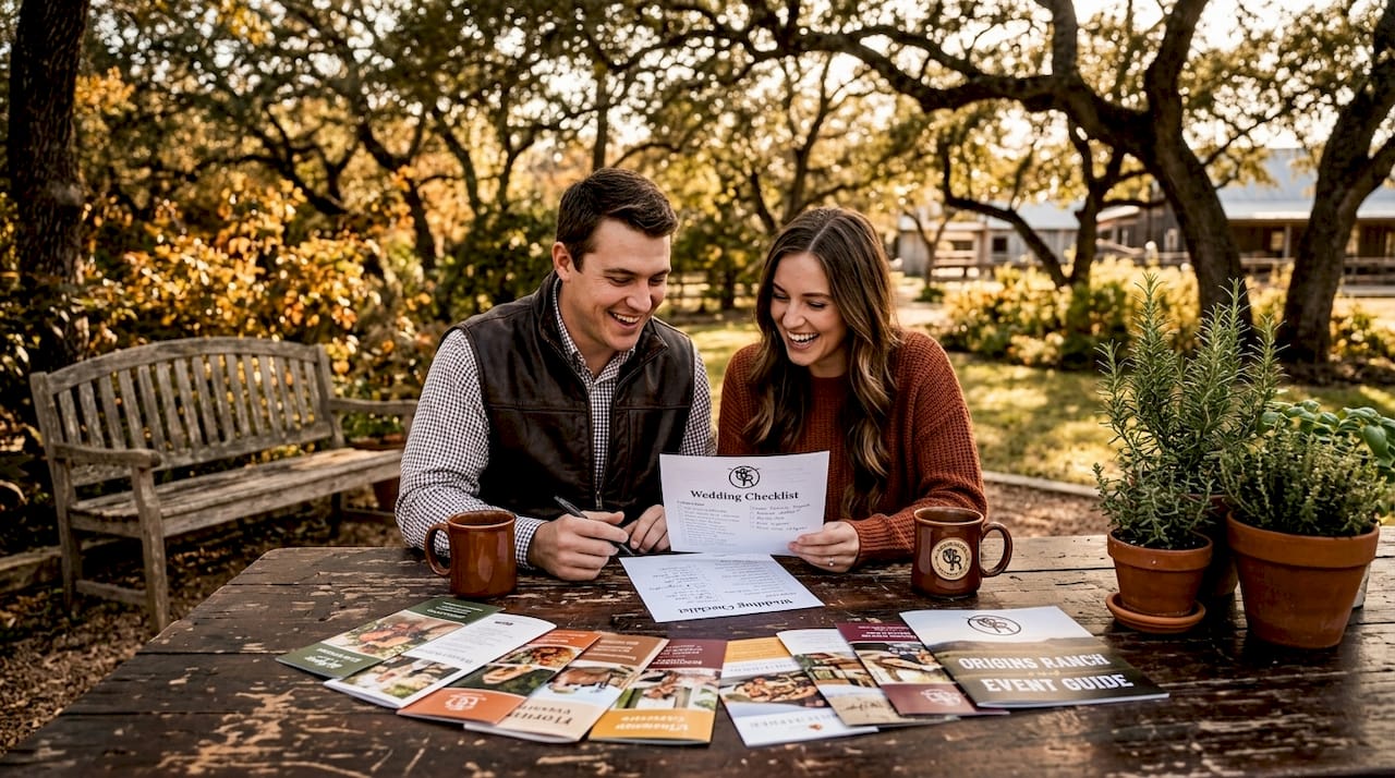 Couple reviews wedding checklist in kitchen