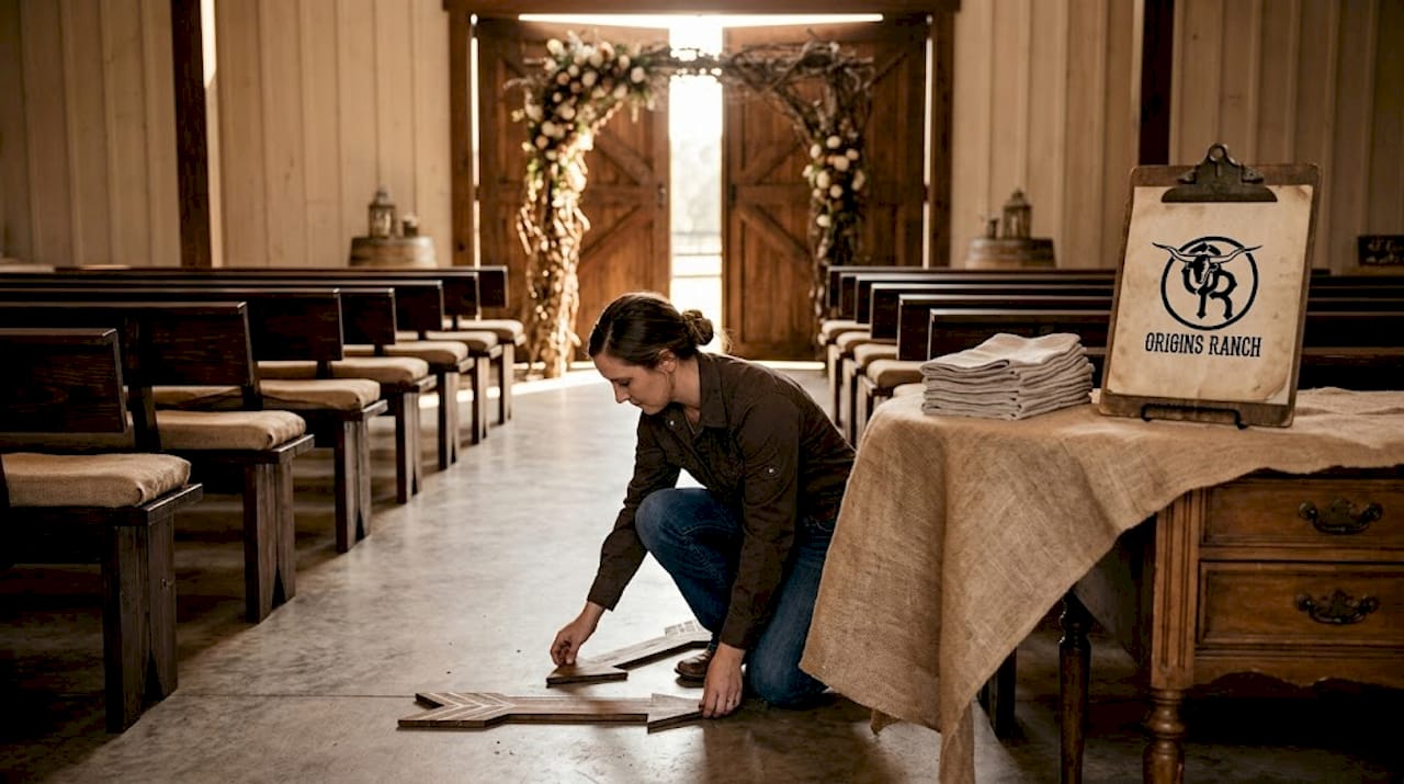 Coordinator preparing wedding venue with clear guest pathways