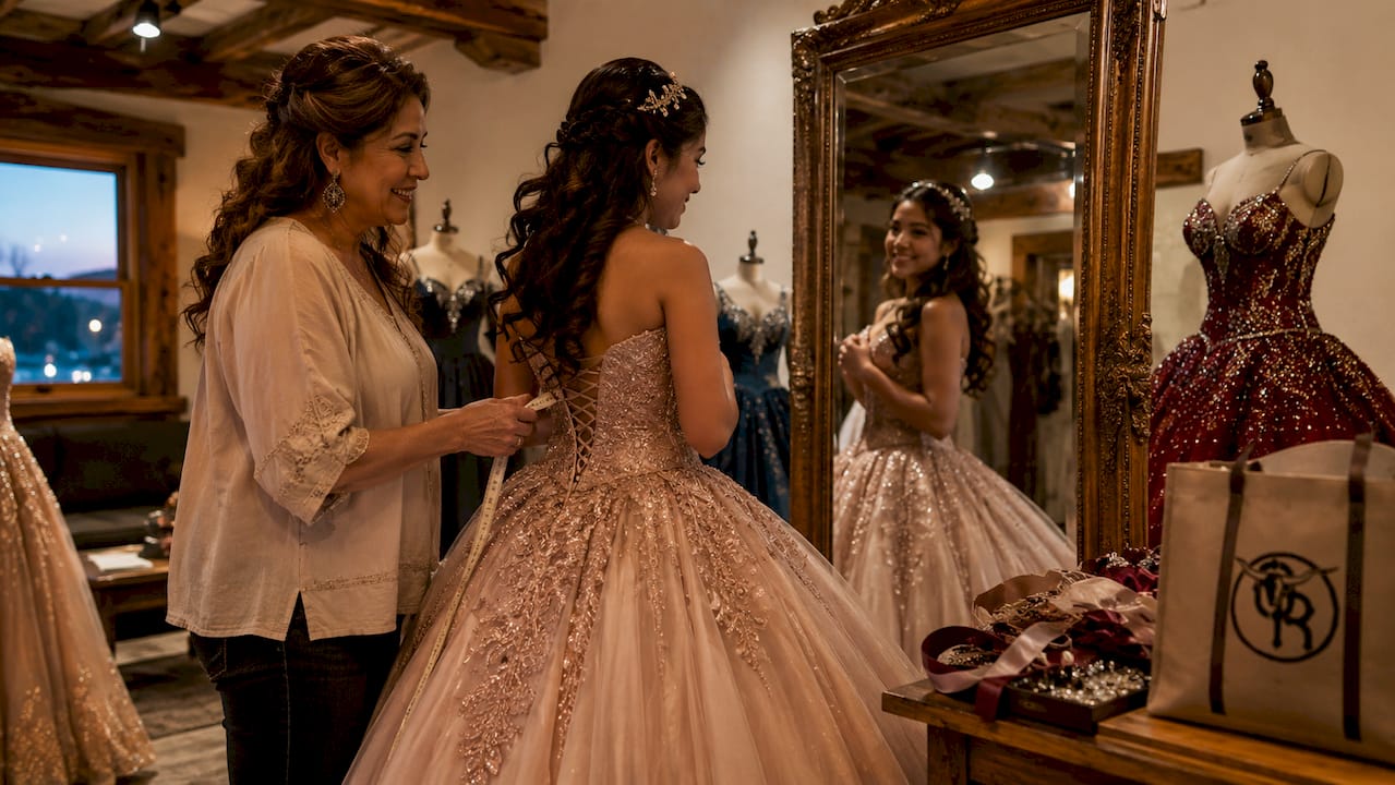 Teen girl and mother fitting Quinceañera dress