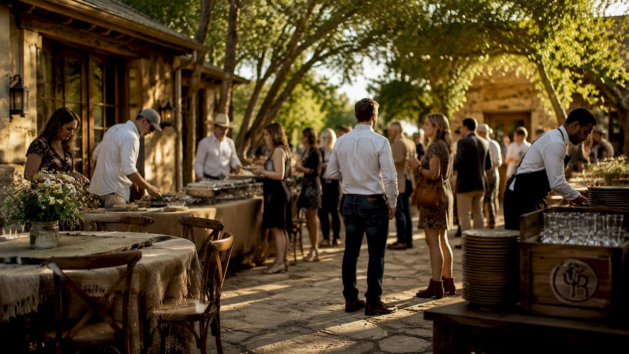 Guests moving smoothly around catering stations