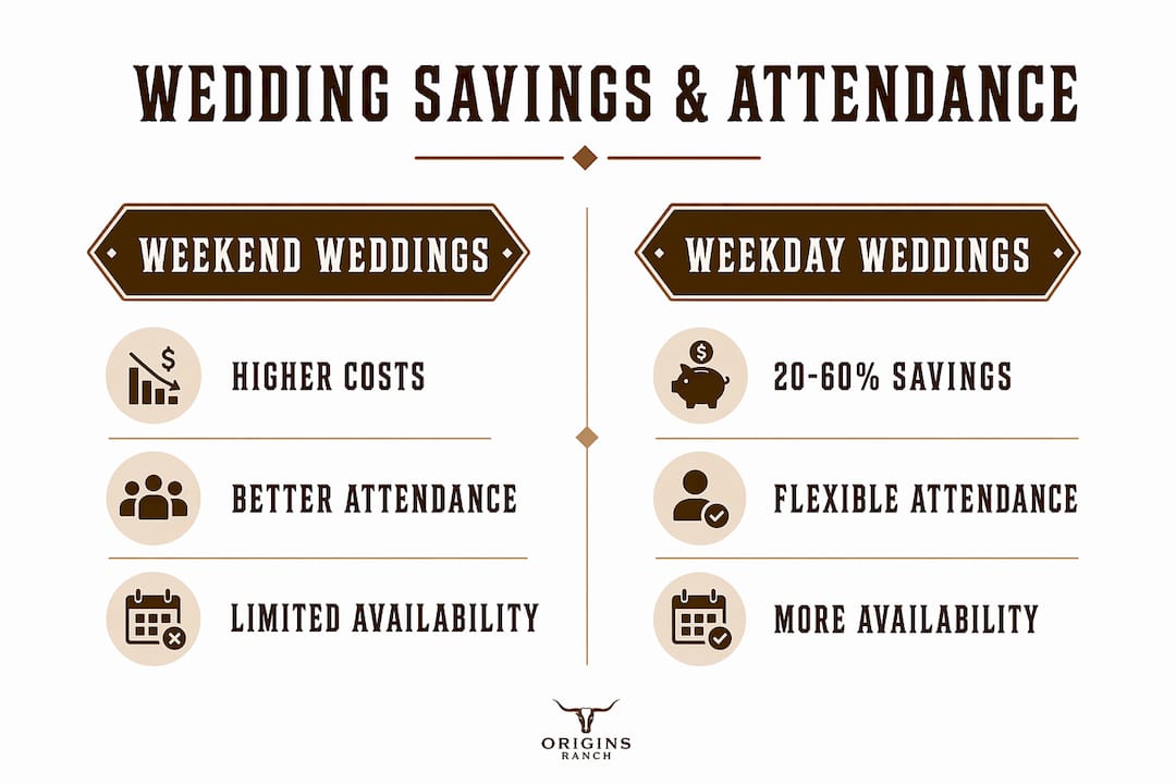 Infographic comparing weekday and weekend weddings savings and attendance