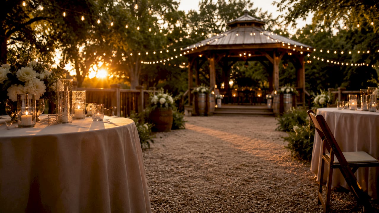Elegant wedding venue interior with ambient lighting