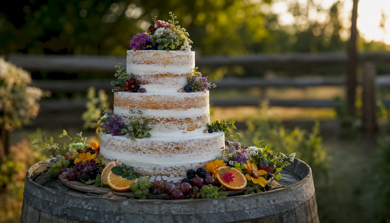 Rustic semi-naked wedding cake in barn setting