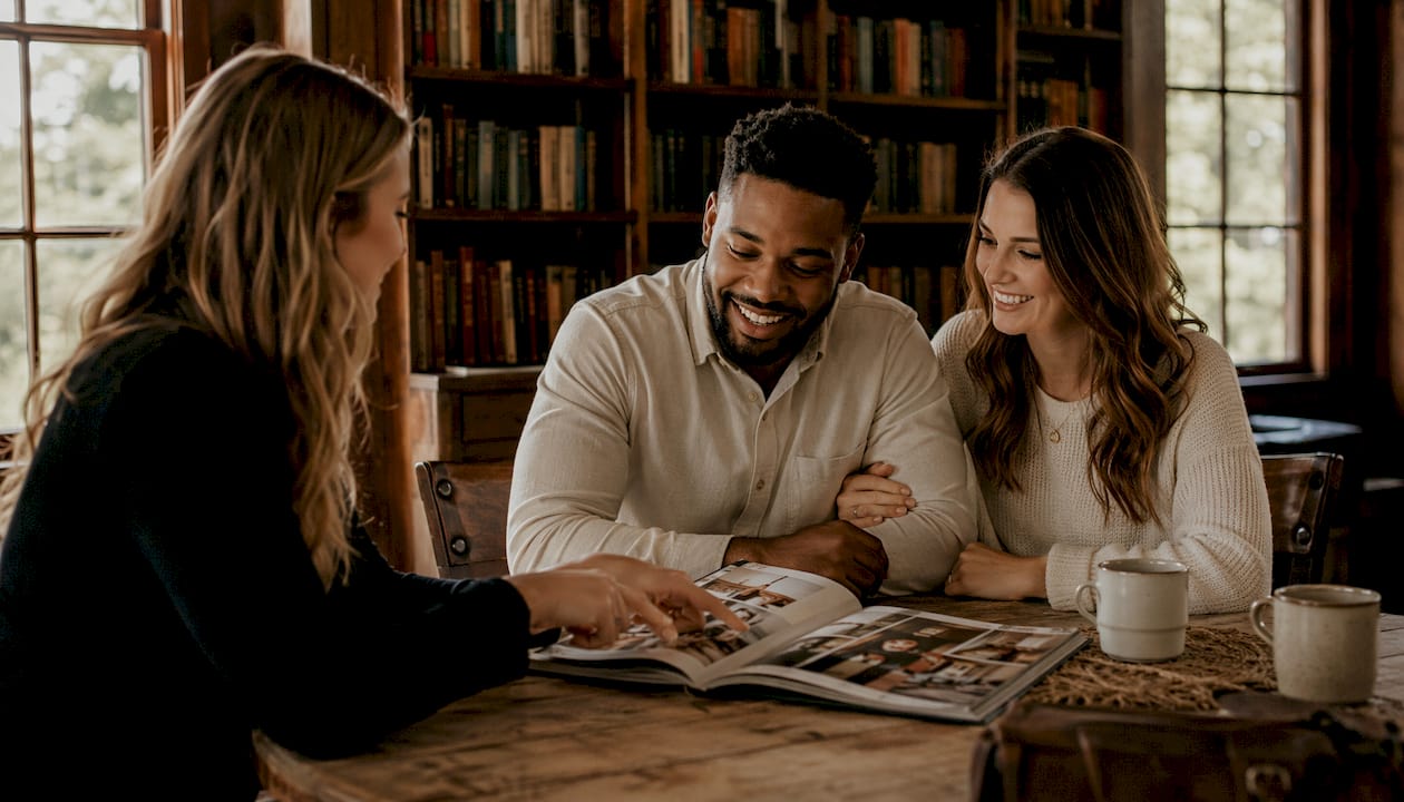 Couple meeting wedding vendor over portfolio