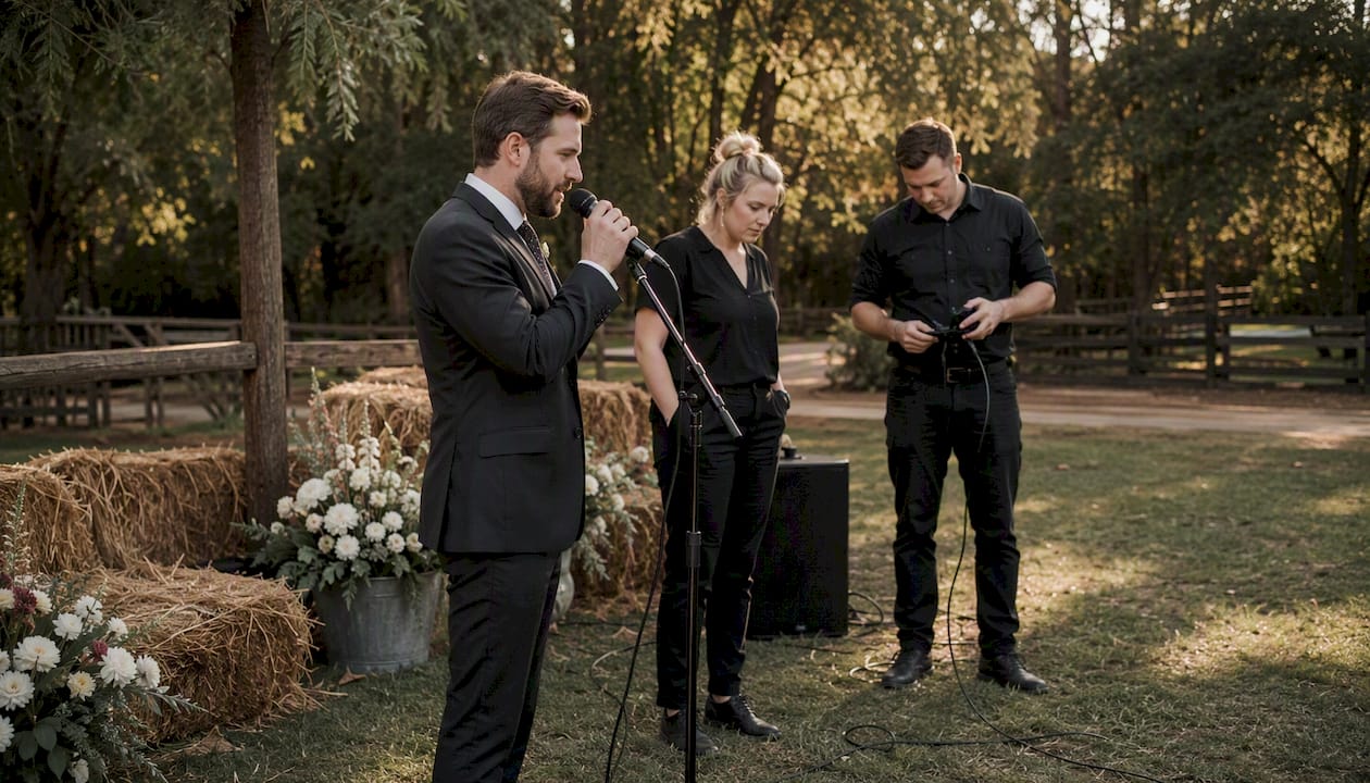 Officiant testing microphone at barn venue