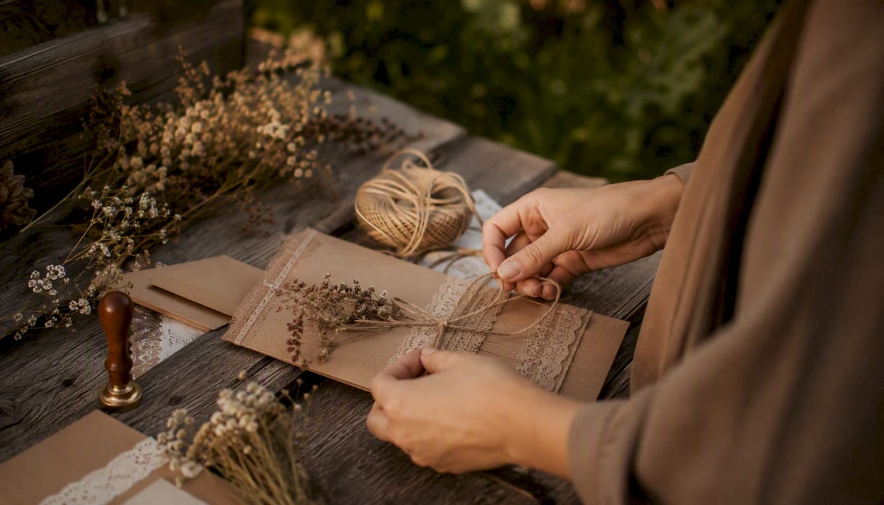 Hands assembling rustic wedding invitations on barn table