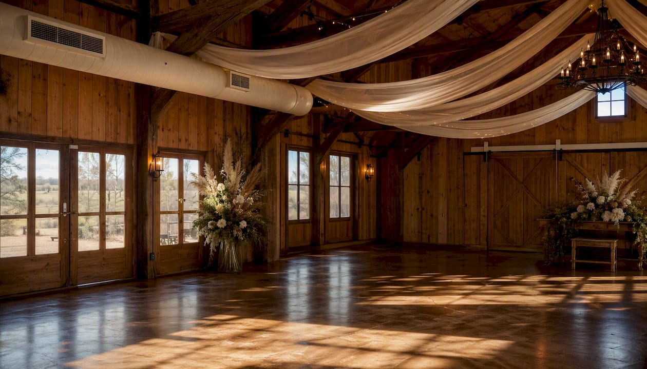 Indoor climate-controlled barn wedding venue interior