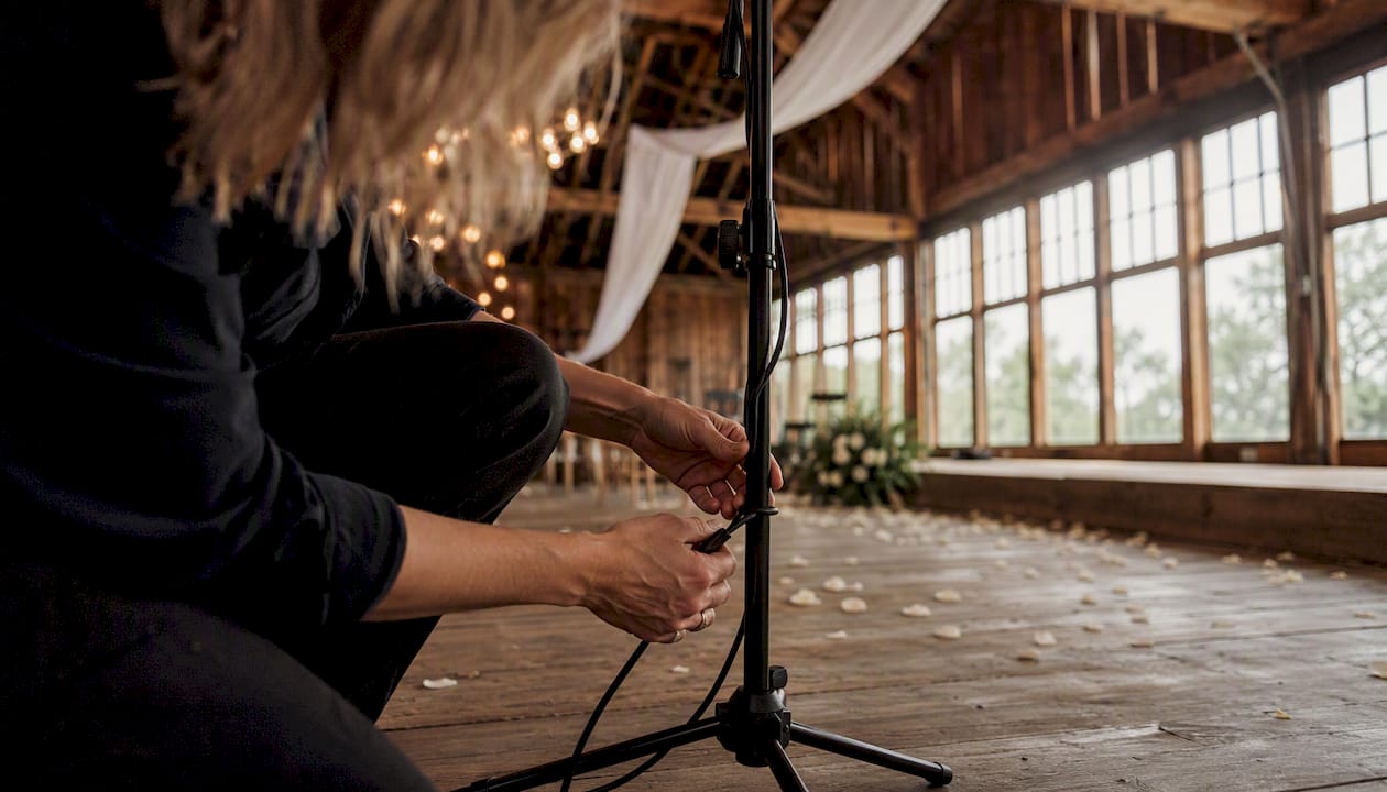 Vendor adjusting equipment inside barn wedding venue