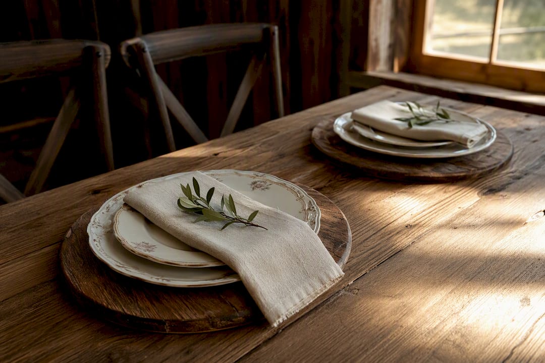 Rustic table setting with wooden chargers and vintage china