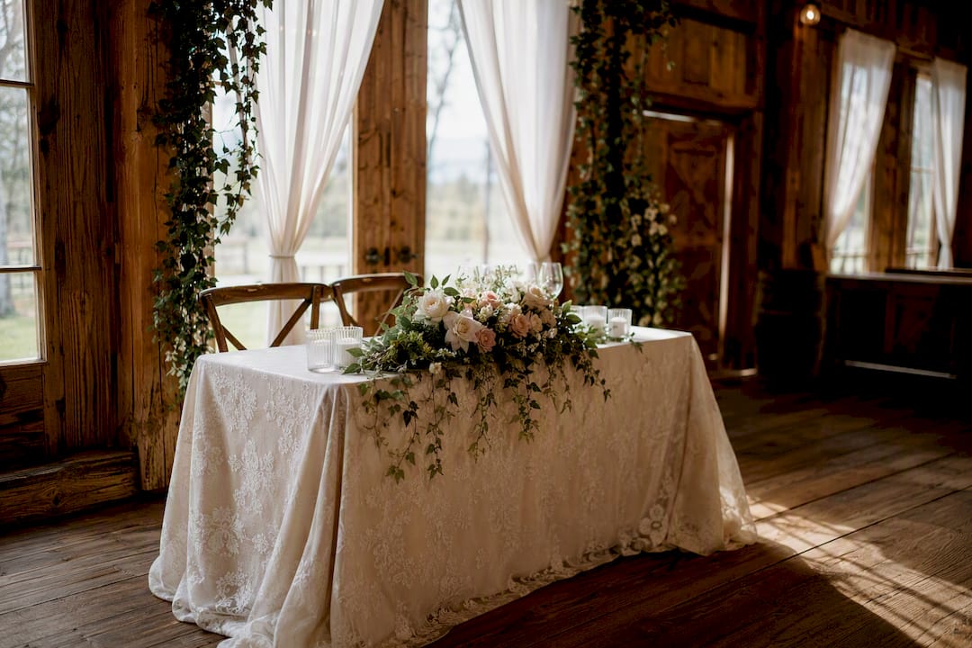 Sweetheart table placement in barn venue
