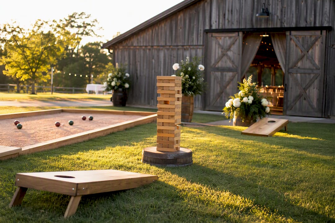 Origins Ranch wedding lawn games setup cocktail cluster