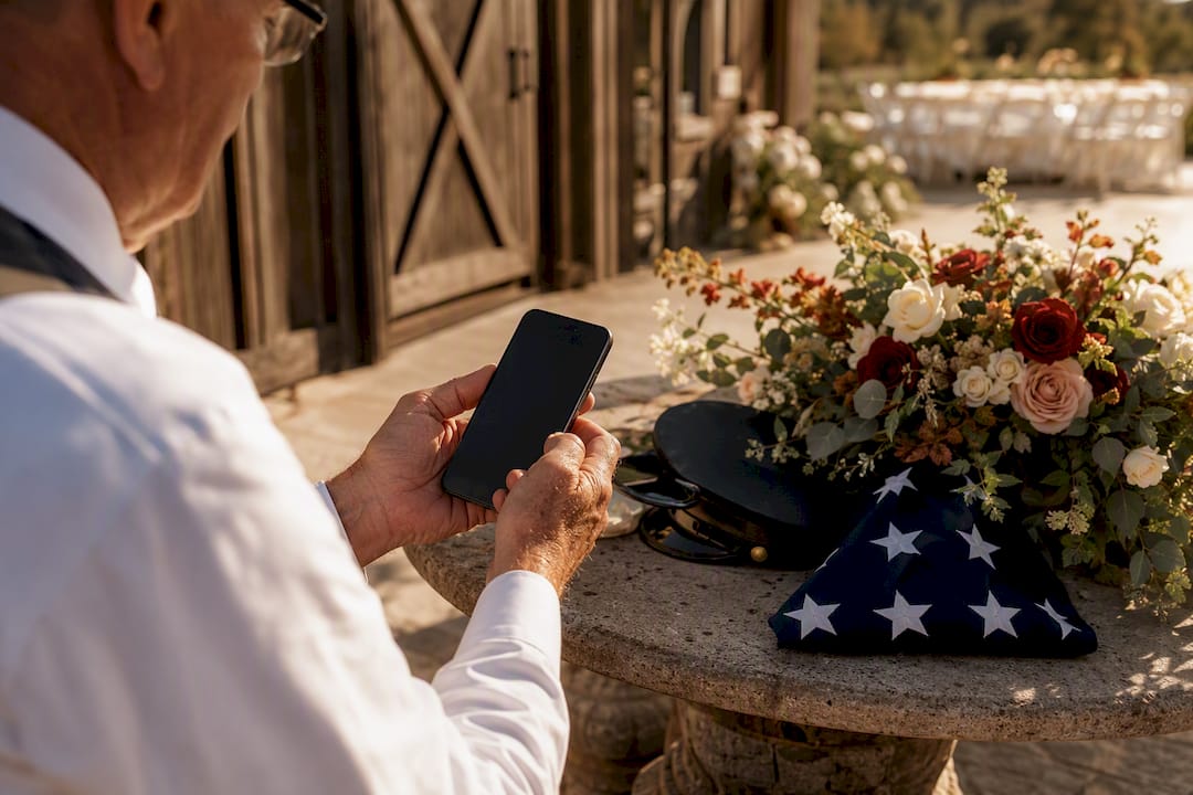 Veteran checking wedding program sponsors on phone