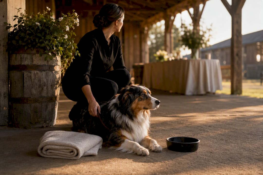 Dog resting in shaded barn staging area