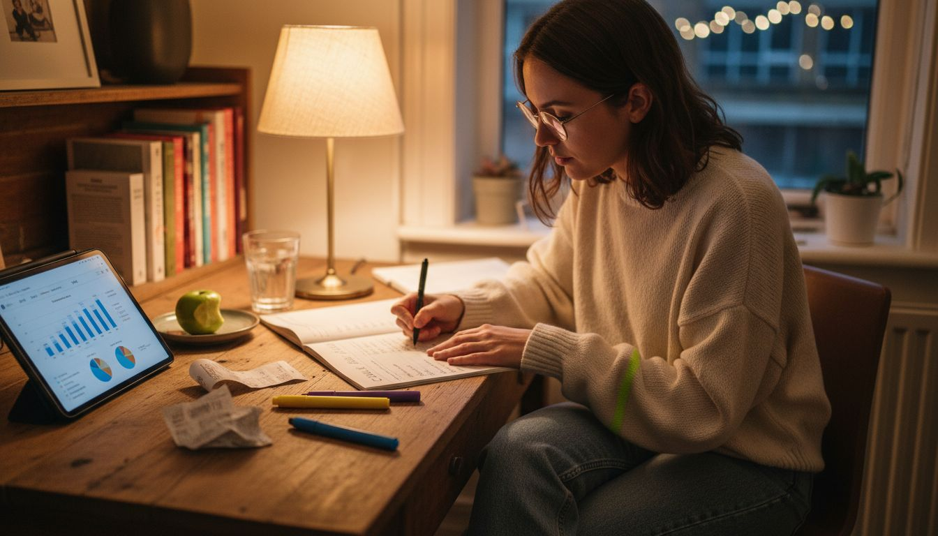 Nutritionist editing paper meal plan at desk