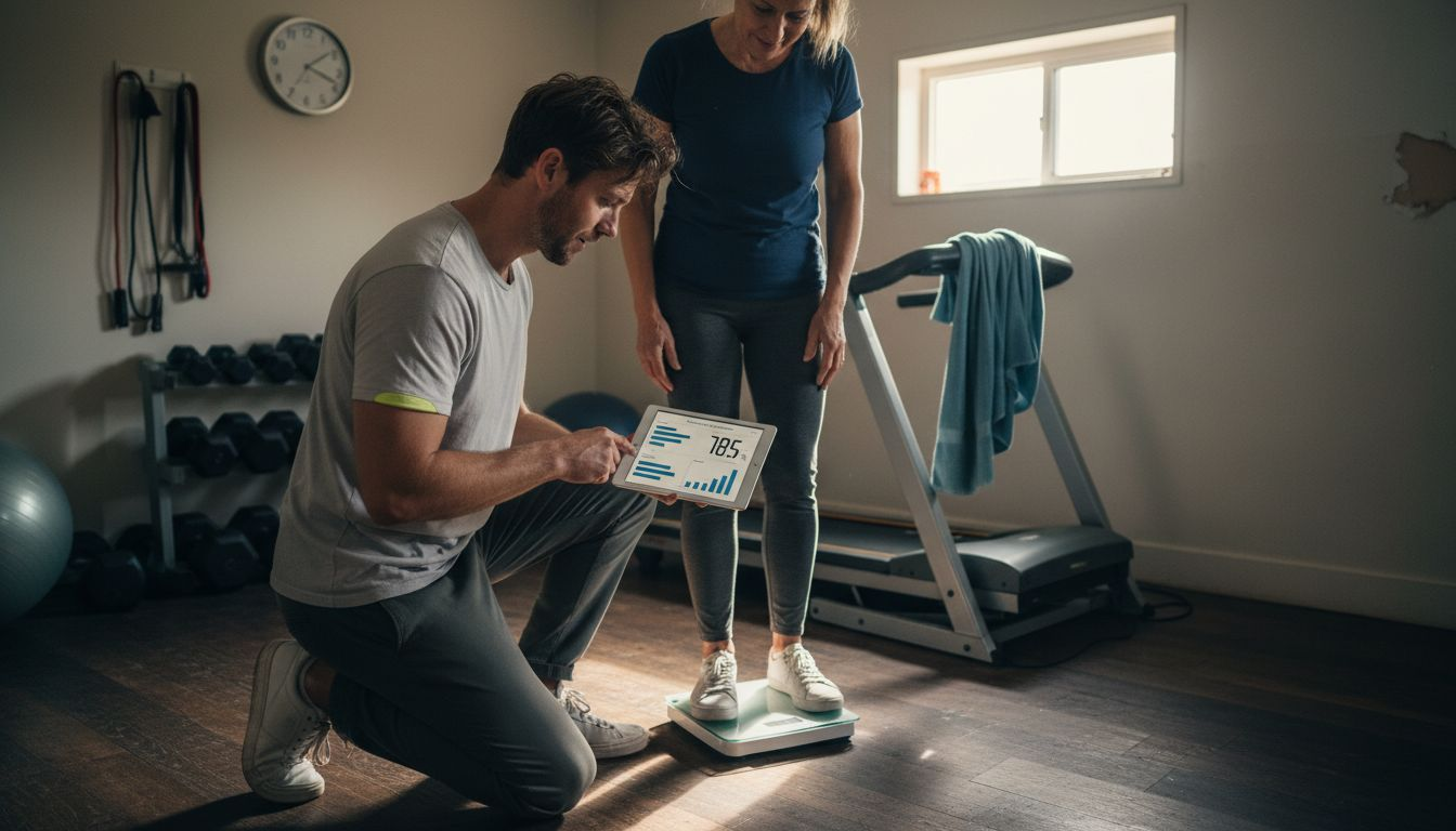 Trainer performing fitness assessment with client
