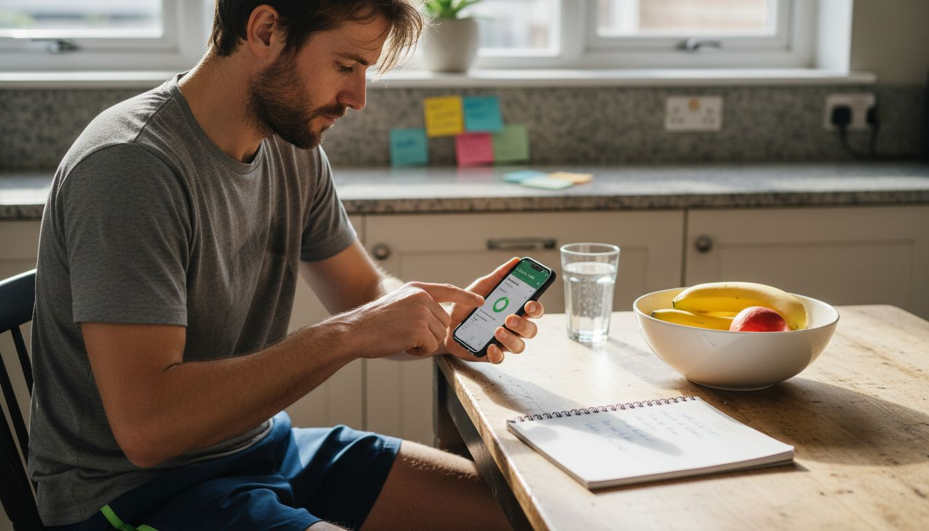 Man logging fitness progress on phone at table