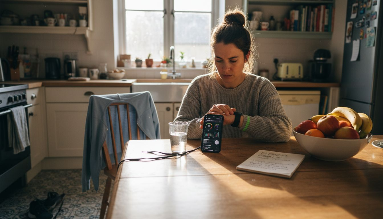 Woman checking wearable fitness tracker data at kitchen table