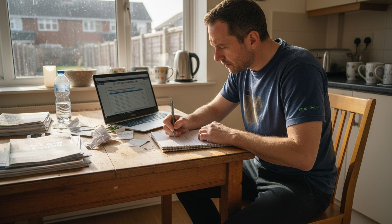 Man compares training costs at kitchen table