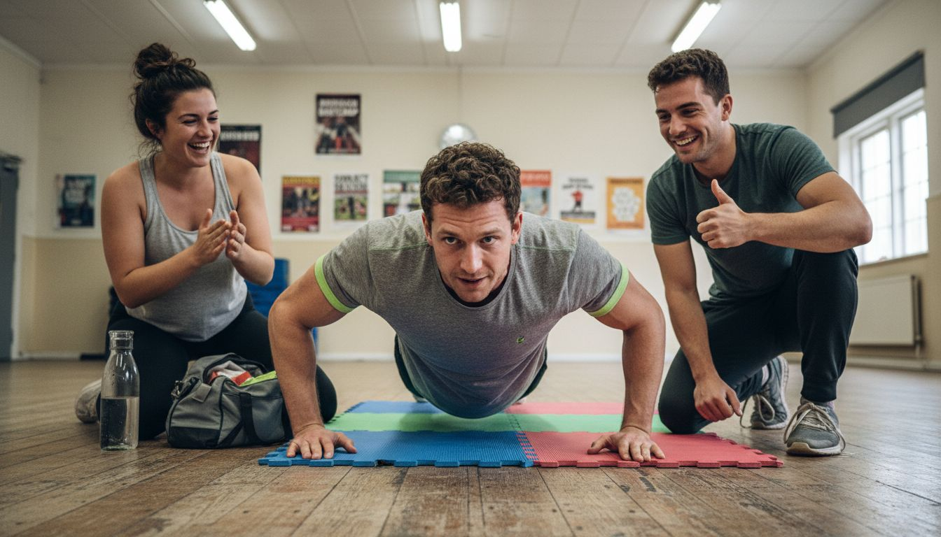 Friends exercising together in a local gym
