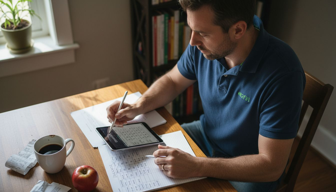 Nutritionist calculating meal plan macros at table